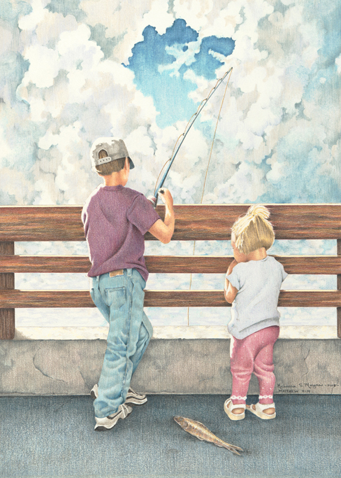 colored pencil drawing of children fishing off a dock