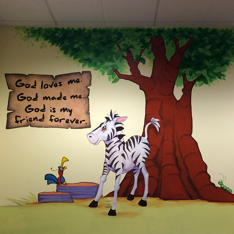 wall mural painting of a cartoon zebra, bird and a tree