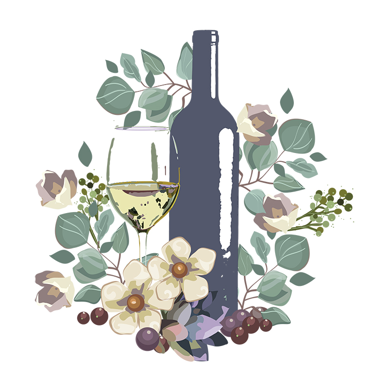 vector artwork of a wine bottle, wine glass, and country flowers